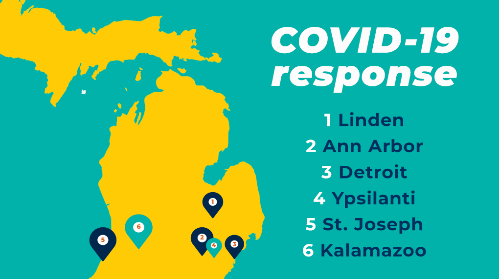 COVID-19 Response. 1 Linden, 2 Ann Arbor, 3 Detroit, 4 Ypsilanti, 5 St. Joseph, 6 Kalamazoo