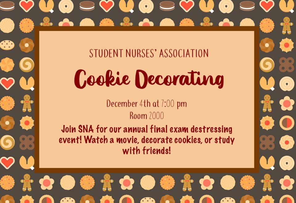 SNA Cookie Decorating. Join SNA December 4 at 7:00 p.m. to destress before finals