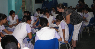 UMSN's Amber Dallwig connects with students at Salokaya College of Nursing