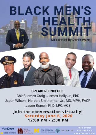 Flyer for the Black Men's Health Summit featuring Detroit skyline, speaker photos, and event details.