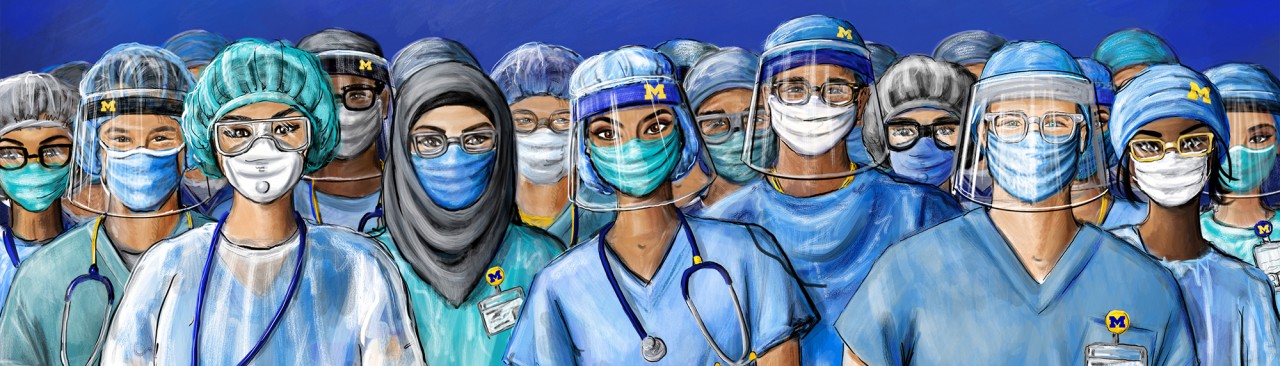 Drawing of nurses in PPE posing all together