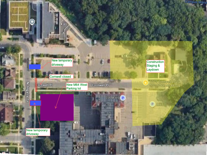 map showing locations of parking and construction